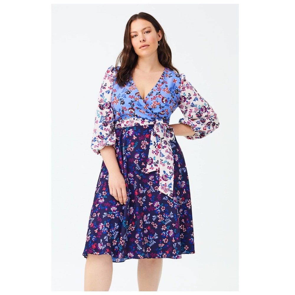 1901 Colorblock Floral Colorful Spring Midi Faux Wrap Dress with Pockets